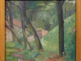 une peinture à l'huile représentant un sentier traversant une forêt, avec une maison en arrière-plan