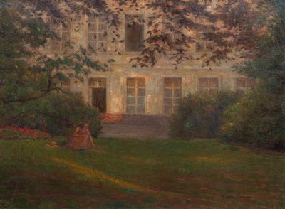 tableau représentant une femme assise sur une pelouse devant une maison
