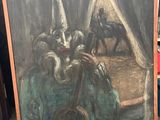 un tableau représentant un homme jouant de la trompette devant une tente