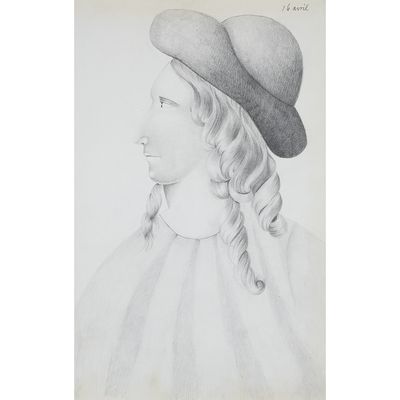 a drawing of a woman wearing a hat and dress