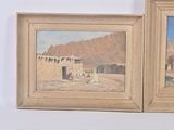 two paintings of a desert scene with a house and a mountain in the background