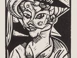 an image of a black and white drawing of a woman in a hat
