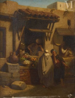 tableau représentant une scène de marché avec un homme vendant des fruits et des légumes