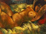 tableau représentant une femme nue allongée sur un lit, les bras derrière la tête