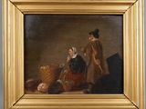 an oil painting of a man and a woman sitting in front of a basket of fruit
