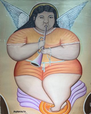 tableau représentant une femme aux ailes d'ange jouant de la trompette