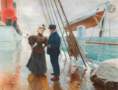 tableau représentant un homme et une femme debout sur le pont d'un navire