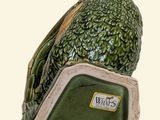 a green bird that is sitting on top of a shelf
