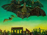 tableau représentant un groupe de chauves-souris volant au-dessus d'une ville la nuit