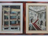two framed pictures of a building with a staircase and a red carpet