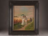 an oil painting of a couple walking down a path with an umbrella