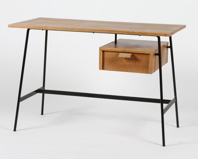 a wooden desk with a drawer underneath it on a white background