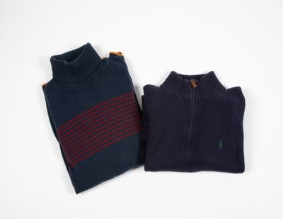 two pairs of sweaters are shown on a white surface