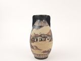 a vase that has a picture of a house on it