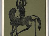a black and white drawing of a man on a horse holding a sword