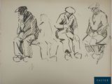 sketches of three people sitting on a bench, one with a hat and the other with a cane