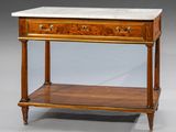 a marble top table with two drawers and a shelf on one side
