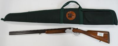 two shotguns and a shotgun case on a white surface