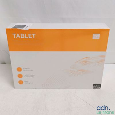 an orange and white box of a tablet on a white surface