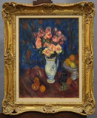 painting of flowers in a vase and fruit on a table