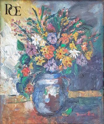 une peinture de fleurs dans un vase sur une table