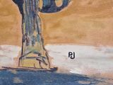 a painting of a statue of a man holding a umbrella
