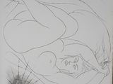 drawing of a woman laying on a bed with a bird in her hand