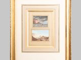 two framed paintings of a landscape with clouds and mountains
