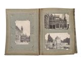 an old photo of a book with pictures of a building and a fountain
