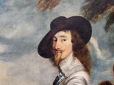 painting of a man in a hat and vest holding a dog