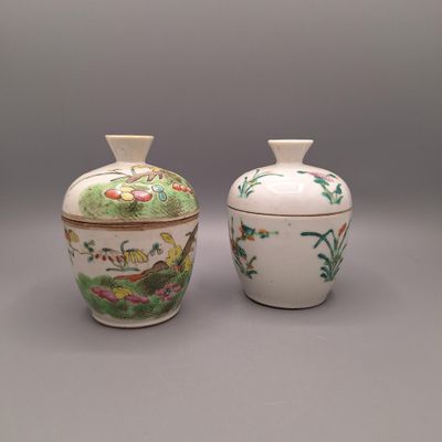 CHINE Paire de pots couverts en porcelaine à décor polychrom…