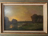 painting of a sunset over a river with cattle grazing in the distance