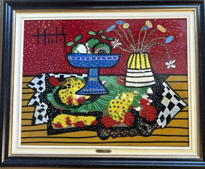 tableau encadré représentant des fruits et des fleurs posés sur une table