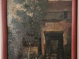 une peinture à l'huile représentant une scène de vie à la ferme avec une vache et un mouton