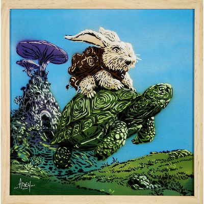 tableau représentant un lapin chevauchant une tortue, un parapluie violet à la main