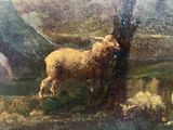 a painting of a sheep standing in a field by a tree