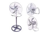 three different views of a table top fan on a white background