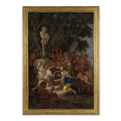 un tableau représentant un groupe de personnes rassemblées autour d'une fontaine
