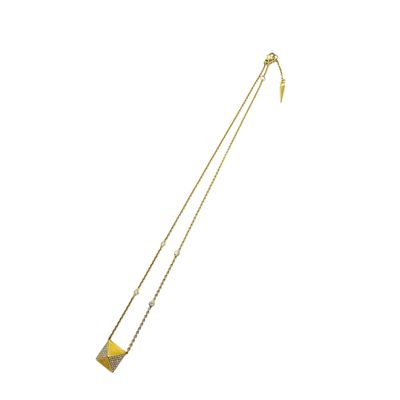 a gold plated necklace with a triangle pendant and a long chain