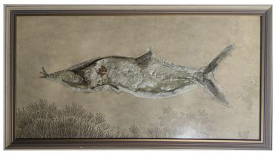 painting of a fish in a frame on a beige background