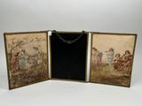 three framed pictures of people in a field with a chain around them