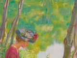 une image représentant un tableau où l'on voit une femme en train de lire un livre dans les bois
