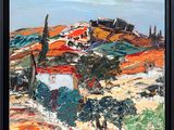 an oil painting of a landscape with houses and trees