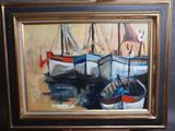 un tableau représentant des bateaux sur l'eau, avec un bâtiment en arrière-plan