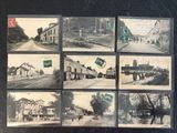 plusieurs photographies en noir et blanc représentant de vieux bâtiments et des panneaux de signalisation