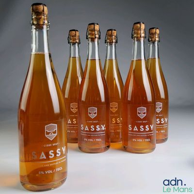 six bottles of sasy are lined up on a white surface