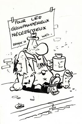cartoon drawing of a man sitting on the ground with a sign in front of him