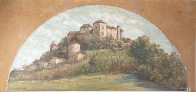 un tableau représentant un château au sommet d'une colline