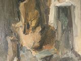 painting of a painting of a cat sitting on a chair in front of a window