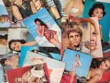 many different pictures of a woman on a bed
